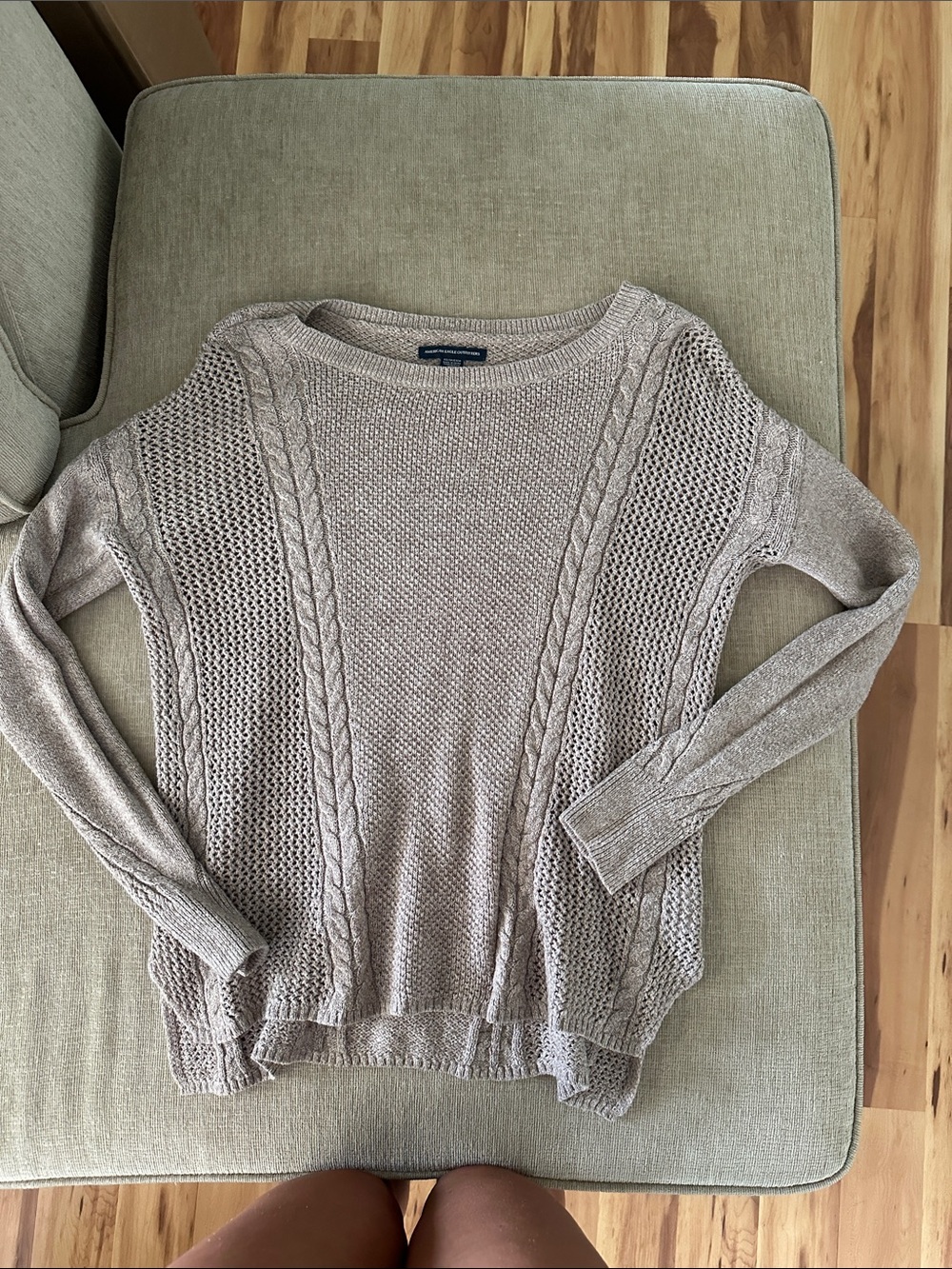 American Eagle Outfitters Light Taupe Cable Knit Crew Sweater